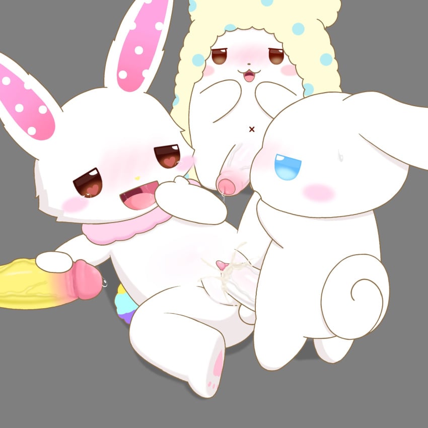 3boys1girl big_balls big_ears big_penis blue_eyes blush blush_stickers brown_eyes bukkake bunny bunny_girl canid canine cinnamon_(cinnamoroll) cinnamoroll cinnamoroll_(series) cum cum_in_pussy cum_inside foreskin grey_background half-closed_eyes humanoid_genitalia humanoid_penis humanoid_pussy long_ears offscreen_male pompompurin pompompurin_(series) precum retracted_foreskin sanrio sex usagityann_(artist) veiny_penis white_body wish_me_mell