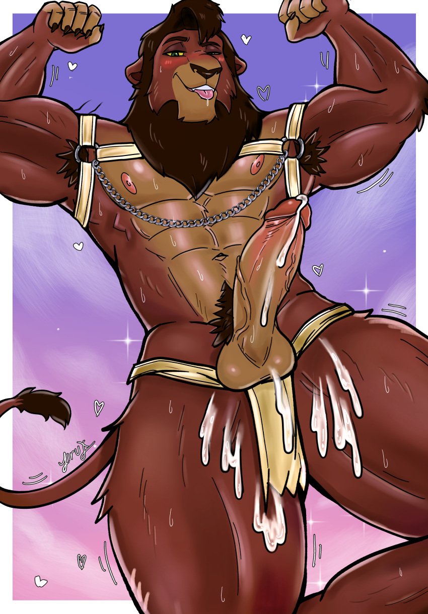 2023 abs absurd_res anthro armpit_hair balls bodily_fluids body_hair brown_body chains cum cum_drip cum_on_penis digital_media_(artwork) disney dripping erection felid flexing genital_fluids genitals harness hi_res humanoid_genitalia humanoid_penis jirux kovu_(the_lion_king) lion male male_only mammal mane muscular muscular_anthro muscular_male nipples nude pantherine penis pubes solo tail the_lion_king tongue tongue_out