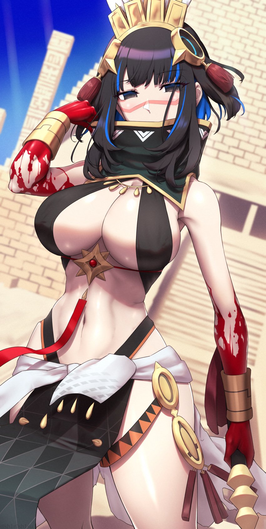 1girls black_hair blood breasts cleavage fate/grand_order fate_(series) female hi_res large_breasts light-skinned_female light_skin looking_at_viewer naughty_face revealing_clothes shiroshisu tlaloc_(fate)