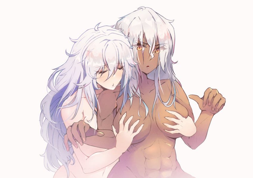 2girls abs beauty_mark bellina buff_female closed_eyes cygames dark-skinned_female dark_skin dragalia_lost female_only fit_female frostfiresoul grace_(dragalia_lost) gray_hair groping groping_from_behind hands_on_breasts large_breasts long_hair messy_hair mole_under_eye multiple_girls nintendo nude nude_female white_background white_hair yuri