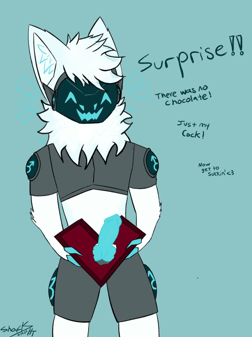 1boy anthro arc_(shackht) balls dialogue dick_in_a_box digital_media_(artwork) erection excited fur genitals hair hi_res holidays knot machine male male_only nude penis protogen shackht simple_background smile solo text valentine's_day