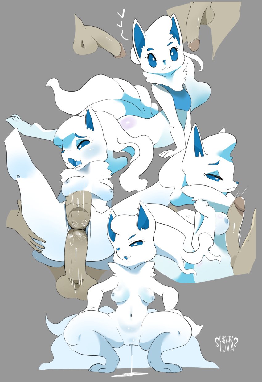 absurd_res alolan_form alolan_ninetales anthro blue_nipples blue_sclera blush breasts canid canine cervikalova double_penetration double_vaginal erection female fox fur genitals group hi_res male male/female mammal medium_breasts ninetales nintendo nipples penetration penile penile_penetration penis pokemon pokemon_(species) pussy regional_form_(pokemon) sex trio vaginal_penetration white_body white_eyes white_fur