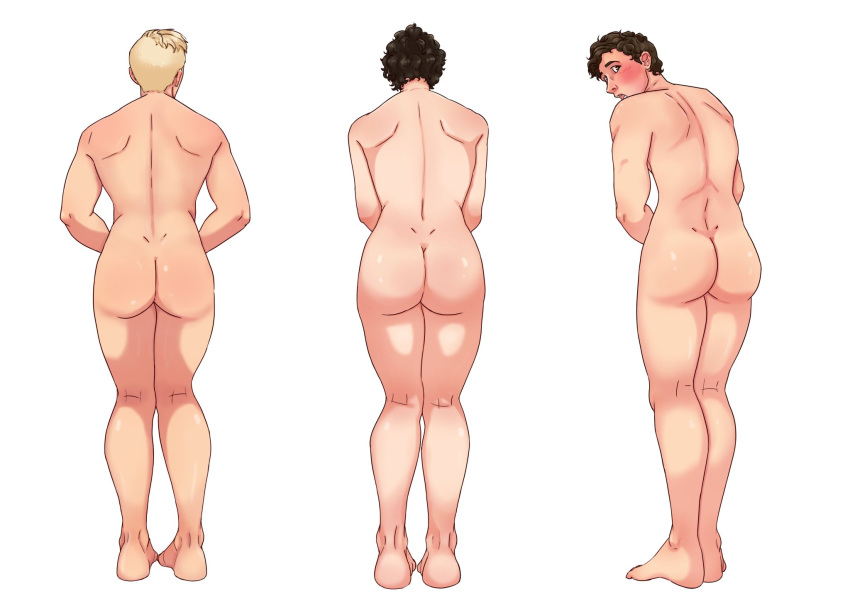 3boys ass blonde_hair_male blush bubble_butt completely_nude covering_crotch embarrassed embarrassed_nude_male enm looking_back male male_only marmotap nude tagme