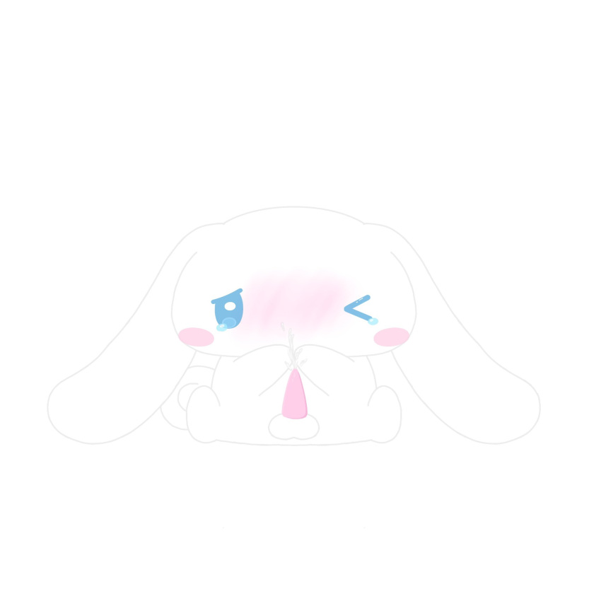 1boy animal_penis big_ears blue_eyes blush blush_stickers blushing_profusely canid canine cinnamon_(cinnamoroll) cinnamoroll cinnamoroll_(series) covering_mouth cum cumshot furry long_ears one_eye_closed sanrio tearing_up tears_of_pleasure toony usagityann_(artist) white_body