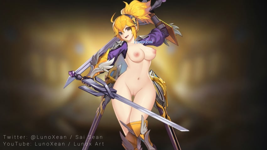 areolae big_breasts breasts fanny_(mobile_legends) female legs looking_at_viewer lunoxean mobile_legends mobile_legends:_adventure nipples no_bra no_panties nude orange_hair ponytail pussy smile solo standing sword vagina weapon