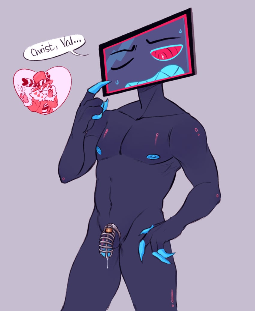 chastity_cage dialogue dripping_cum gay hazbin_hotel male_only mumbocumbo solo_male submissive submissive_male text valentino_(hazbin_hotel) vox_(hazbin_hotel)