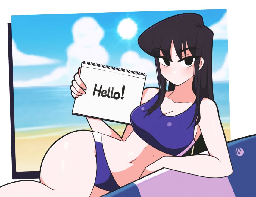 bangs beach belly_button bikini bikini_bottom bikini_top black_eyes black_hair cleavage hair hourglass_figure jeffmiga komi-san_wa_komyushou_desu komi_shouko long_hair midriff navel notebook notepad pale-skinned_female pale_skin sand swimsuit swimwear thick_thighs thighs voluptuous voluptuous_female water wide_hips writing