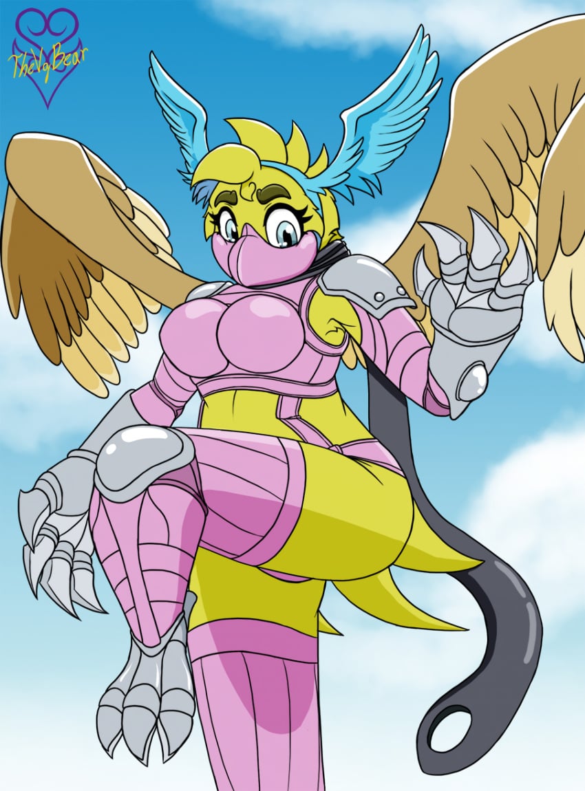 armor armpits bird bird_tail bird_wings blue_eyes boots bra breasts chica_(fnaf) claws digimon digimon_frontier facial_mask feathers female five_nights_at_freddy&#039;s furry garter_straps gauntlets large_breasts lingerie looking_down navel panties raised_hand raised_leg scarf shiny shiny_clothes shoulder_pads shutumon tagme thevgbear wings_on_head yellow_fur yellow_skin zephyrmon