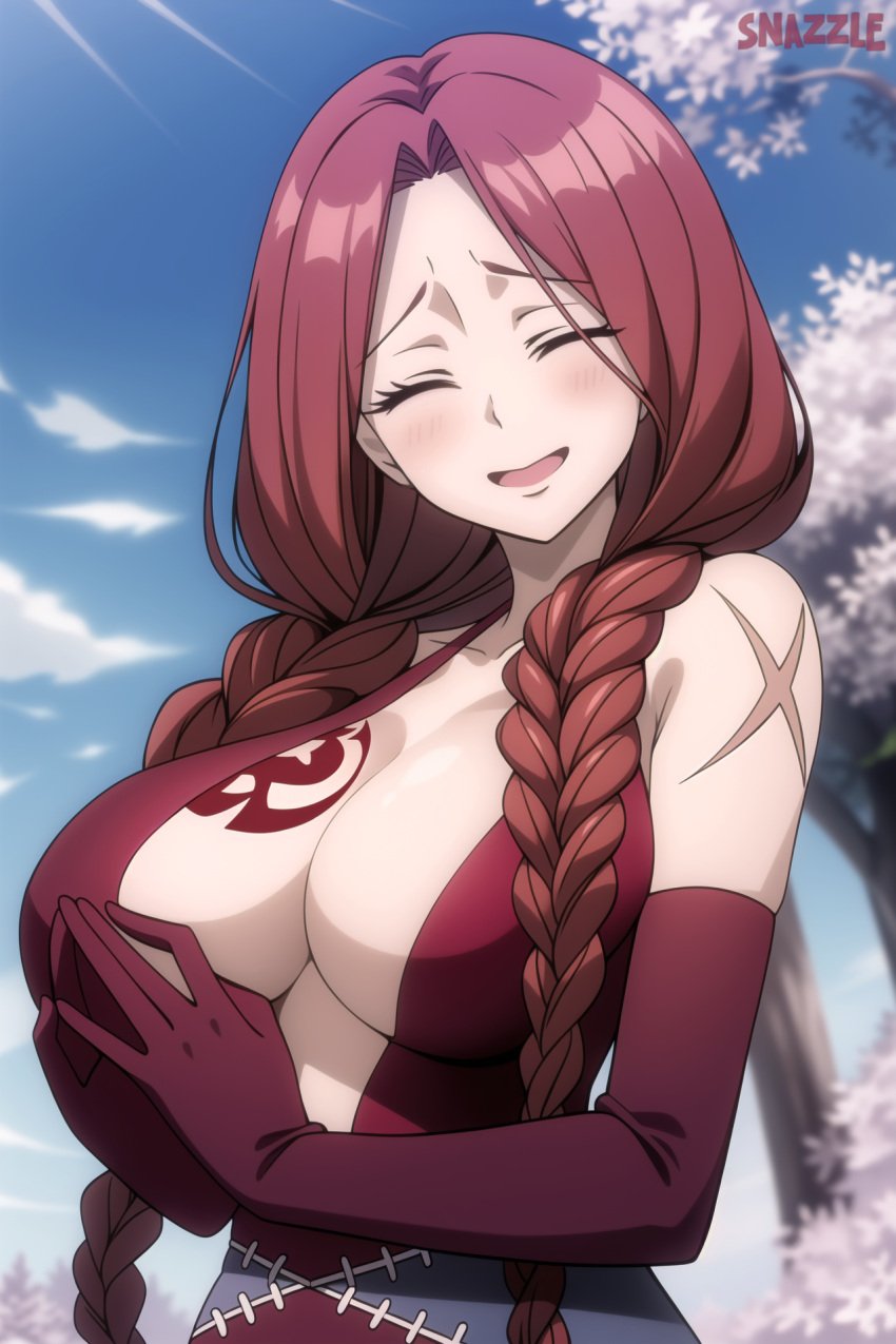 1girls ^_^ ai_generated bare_shoulders blush braid breast_tattoo breasts cleavage closed_eyes cloud day dress elbow_gloves fairy_tail flare_corona hair_over_shoulder large_breasts long_hair open_mouth outdoors own_hands_together pale_skin red_dress red_gloves red_hair scar sky smile snazzdaz snazzle solo tree twin_braids upper_body