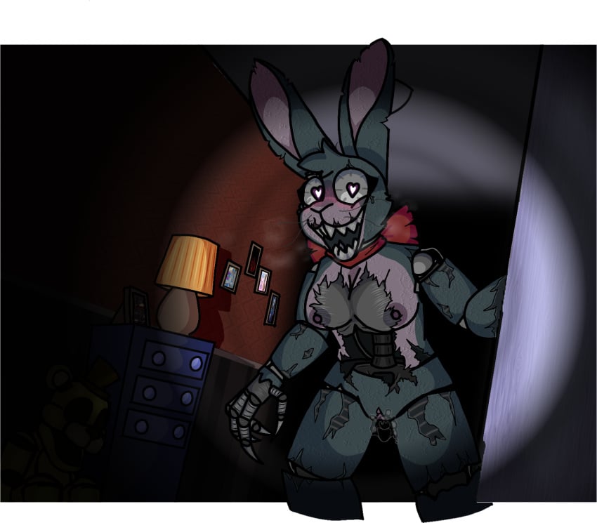 <3_eyes accessory animatronic anthro blue_body blue_fur blush bodily_fluids bow_accessory bow_ribbon breasts breath breath_cloud cheek_tuft claws countershade_snout countershade_torso countershading darli_buni digital_media_(artwork) endoskeleton exposed_breasts exposed_endoskeleton eyelashes facial_tuft female fingers five_nights_at_freddy's five_nights_at_freddy's_2 five_nights_at_freddy's_4 framed_picture fur furniture genital_fluids genitals hair hand_on_wall head_tuft heart hi_res joints lagomorph lamp leporid light light_beam looking_at_viewer machine mammal metal metal_claws metal_teeth mtf_crossgender multicolored_body multicolored_fur nightmare_bonnie nightmare_bonnie_(fnaf) nightstand nipples notched_ear nude open_mouth pussy pussy_juice_string rabbit red_bow red_wall robot rule_63 scottgames sharp_teeth sitting sitting_on_ground smile snout standing teeth tuft two_tone_body two_tone_fur vaginal_fluids wallpaper_(decoration) whiskers wire