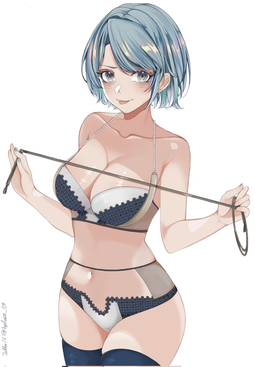 1girls :p apolonia_07 background blue_eyes blue_hair blue_thighhighs blush bra earrings female franziska_von_karma gyakuten_saiban highres holding holding_whip jewelry karuma_mei lingerie matching_underwear mole mole_under_eye panties skindentation solo solo_female solo_focus thighhighs tongue tongue_out twitter_username underwear underwear_only white