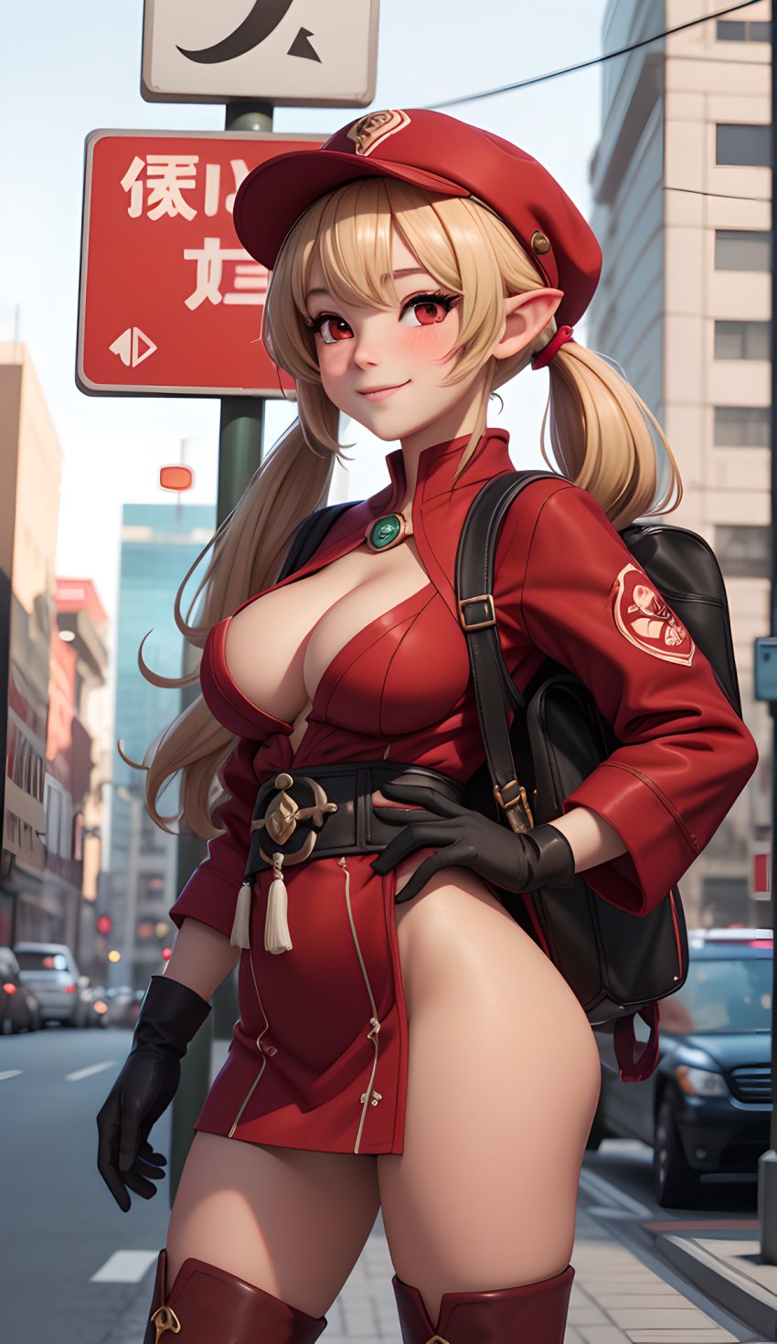 1girls ai_generated bag bare_ass blonde_hair blush cleavage clothing cortezian_generations female genshin_impact gloves hand_on_hip hi_res klee_(genshin_impact) patreon red_eyes smile solo thighs