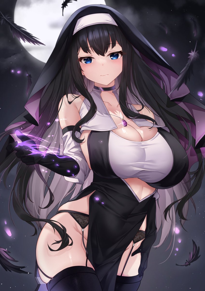 bare_shoulders black_hair blue_eyes blush breasts choker cleavage deogho_(liujinzy9854) dress female_only large_breasts long_hair looking_at_viewer magic moon night nun official_art original pelvic_curtain sky solo thighhighs