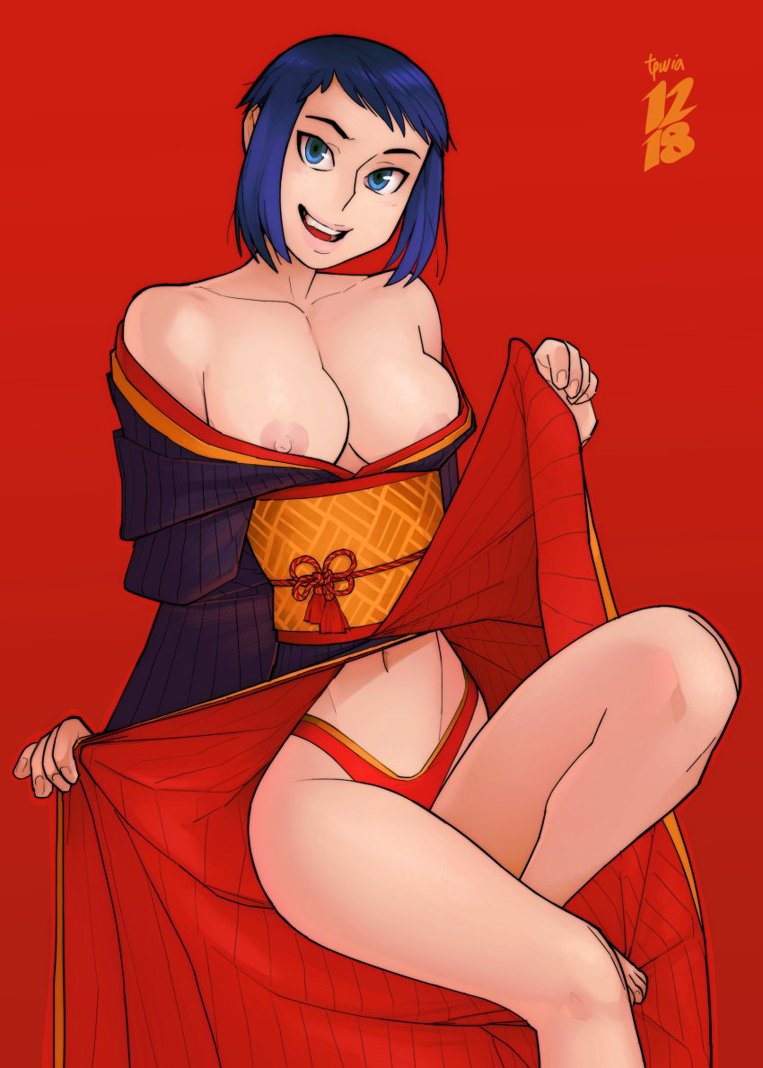 1girls bare_shoulders blue_eyes blue_hair cleavage dress_lift female female_only ghost_in_the_shell ghost_in_the_shell_arise ghost_in_the_shell_stand_alone_complex kimono kusanagi_motoko looking_at_viewer nipple_slip presenting red_background red_panties short_hair smile solo tpwia traditional_clothes