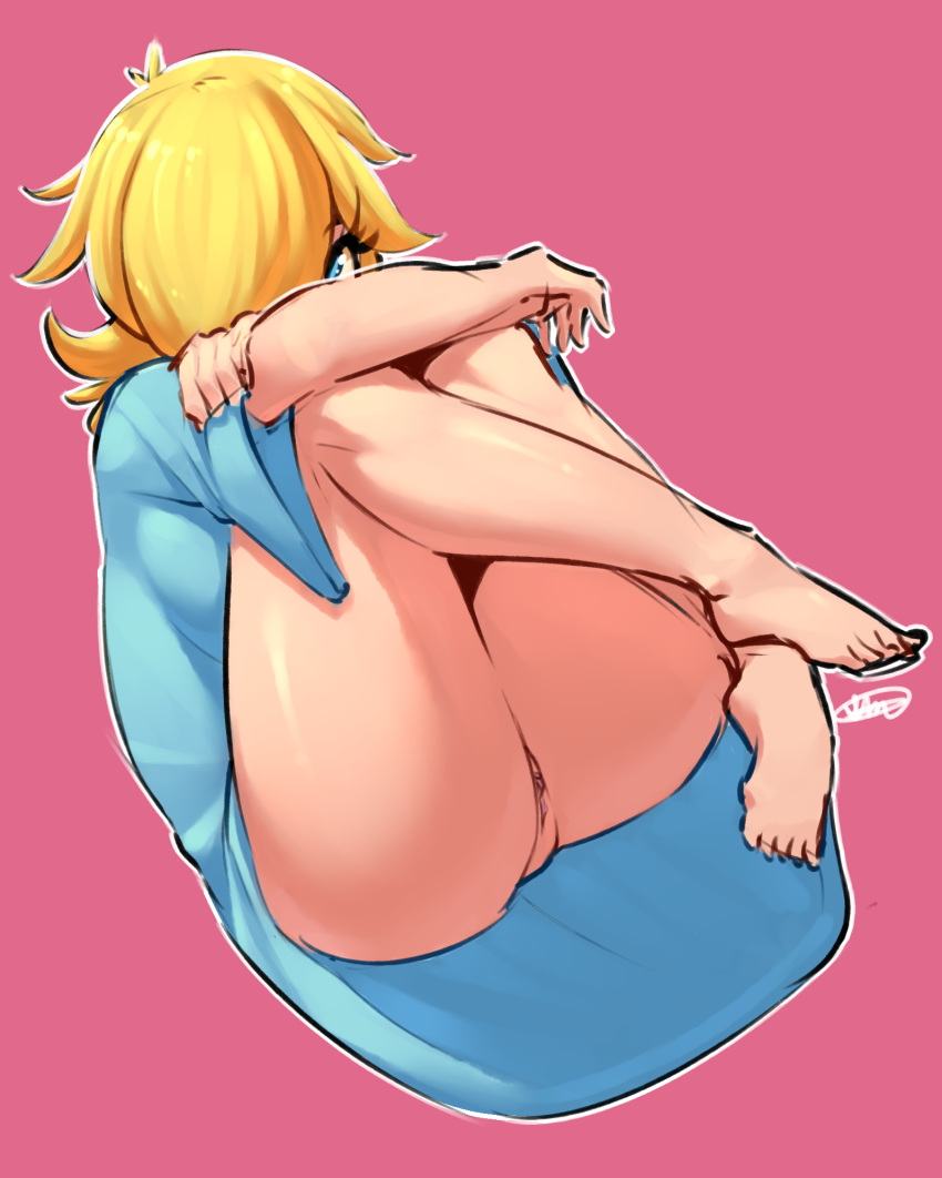 1girls 5_fingers 5_toes arms_crossed barefoot blonde_hair blue_eyes bottomless cleavage clitoris feet_up female female_only hair_over_one_eye human legs_crossed legs_up looking_at_viewer mario_(series) nintendo one_eye_covered oversized_clothes oversized_shirt princess_rosalina purple_background pussy signature simple_background sitting solo spikedmauler watermark yellow_hair