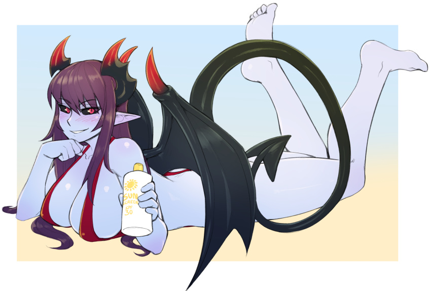 big_breasts bikini blush breasts cleavage demon demon_(monster_girl_encyclopedia) female female_only horns ittla large_breasts monster_girl monster_girl_encyclopedia solo succubus tail wings