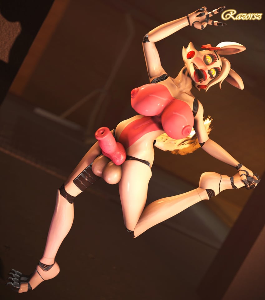 2018 3d animal_genitalia animal_penis anthro balls breasts canine_penis claws dickgirl fingers five_nights_at_freddy's five_nights_at_freddy's_2 glowing grabbing happy hi_res intersex knot lips mammal mangle_(fnaf) nipples penis razorsz source_filmmaker suggestive_posing teeth video_games