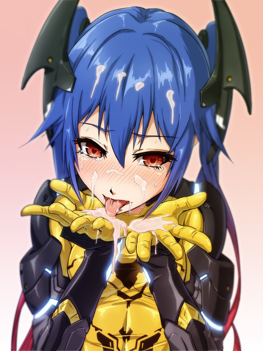 blue_hair blush bodysuit cum cum_in_hands cum_in_mouth cum_on_hair cum_on_tongue facial female gokkun gradient_hair hair_between_eyes headgear heart heart-shaped_pupils highres licking long_hair multicolored_hair nandz nose_blush phantasy_star phantasy_star_online phantasy_star_online_2 quna_(pso2) red_eyes red_hair solo symbol-shaped_pupils tears twintails upper_body very_long_hair yellow_bodysuit zelsius