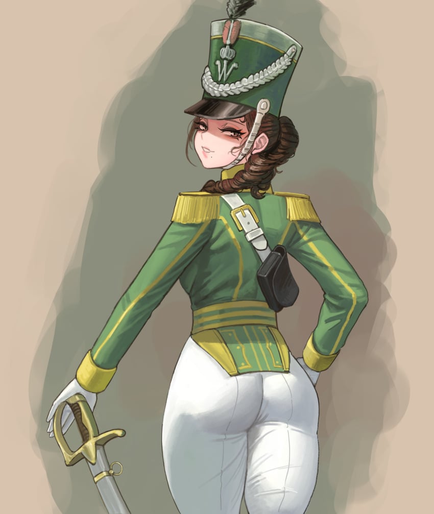 18th_century 1girls absurd_res ass ass_focus belt brown_eyes brown_hair cavalry_sword dragoon drill_hair epaulettes full_color green_clothing hat highres looking_back mature mature_female milf military_uniform mole mole_under_mouth original original_art original_artwork original_character panties peaked_cap saber_(weapon) smile soldat soldat_(dndosld73832) soldier sole_female solo solo_female solo_focus sword thighs tight_pants weapon
