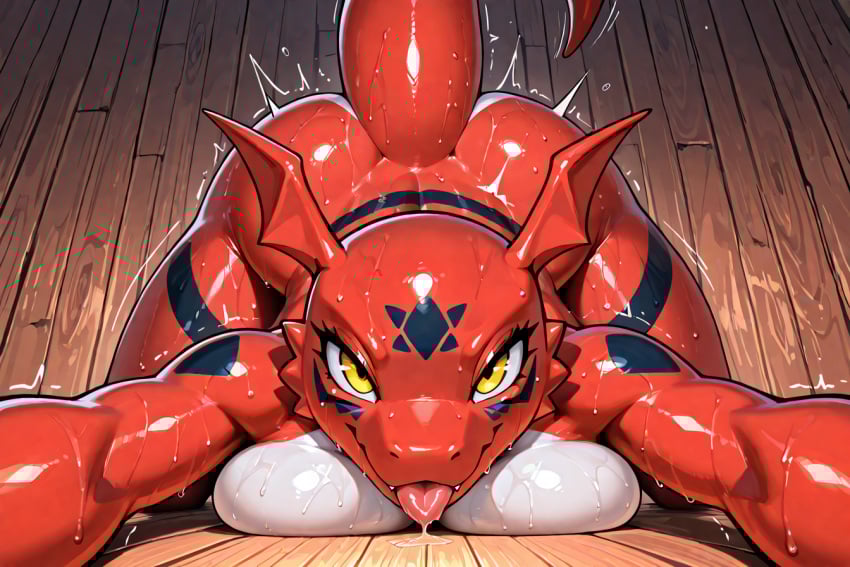 ai_generated anthro arched_back black_markings boobs_on_floor desire_pose digimon dragon_girl female furry guilmon guilmon_girl huge_ass intense_stare nsfw raziel4545 red_scales sharp_curves spiked_head sweaty_skin thick_thighs tongue_out very_large_breasts voluptuous_body wooden_floor