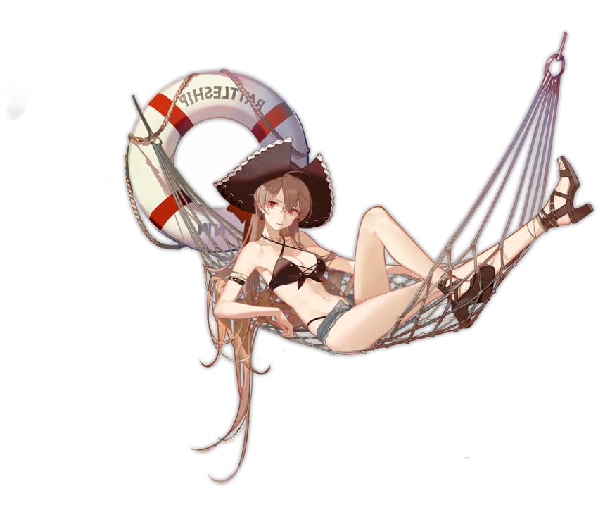 anchor_earrings arm_strap azur_lane bare_shoulders bikini bikini_under_clothes black_background black_bikini black_headwear blue_shorts breasts brown_bikini brown_footwear brown_hair brown_headwear cg character_name cleavage closed_mouth collarbone criss-cross_halter cross-laced_clothes cutoffs denim denim_shorts earrings female front-tie_bikini_top front-tie_top full_body gladiator_sandals hair_between_eyes halterneck hammock hat high_heels highleg highleg_bikini holding innertube jean_bart_(azur_lane) jean_bart_(private_après_midi)_(azur_lane) jewelry knee_up lifebuoy linea_alba long_hair looking_at_viewer medium_breasts micro_shorts midriff navel official_alternate_costume official_art on_back open_fly open_shorts pirate_hat purple_eyes red_eyes sandals short_shorts shorts sidelocks sitting smile solo stomach swim_ring swimsuit thighs transparent_background umbrella very_long_hair