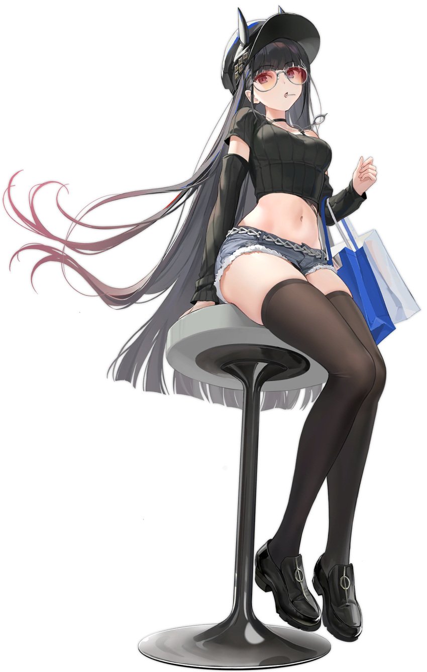 animal_ears azur_lane bag bare_shoulders black-framed_eyewear black_background black_footwear black_hair black_headwear black_shirt black_thighhighs blunt_bangs breasts candy cg colored_inner_hair crop_top cutoffs denim denim_shorts detached_sleeves female food full_body glasses gradient_hair hat holding holding_candy holding_food holding_lollipop horns large_breasts lollipop long_hair long_sleeves looking_at_viewer medium_breasts micro_shorts midriff multicolored_hair navel noshiro_(azur_lane) noshiro_(dressed-up_to_date)_(azur_lane) official_alternate_costume official_art open_mouth parted_lips red_eyes round_eyewear shirt shoes short_shorts short_sleeves shorts sidelocks sitting solo stomach stool sunglasses thighhighs thighs tinted_eyewear tongue transparent_background very_long_hair