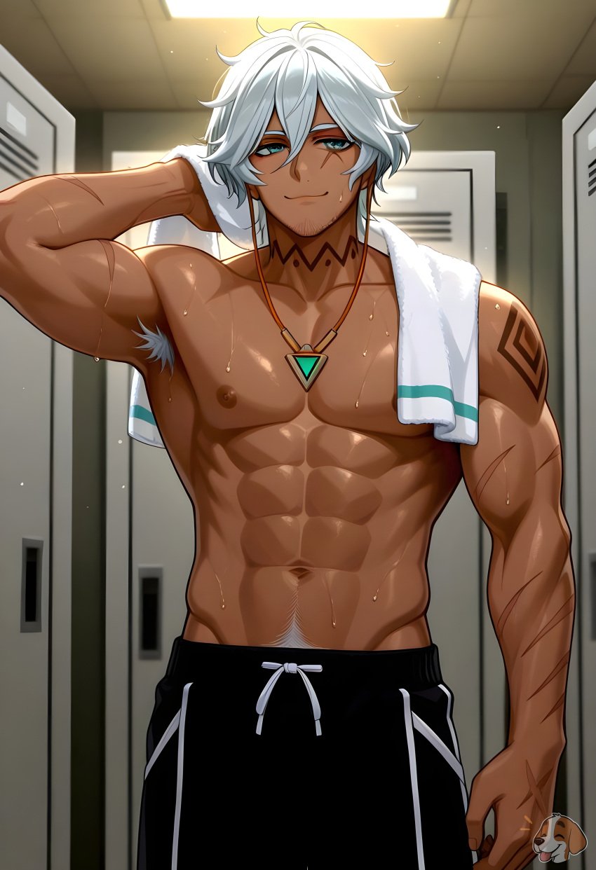 1boy 1human 1male abs ai_generated balls ballsack bara bara_tiddies bara_tits big_balls big_cock big_dick big_penis big_testicles boner close-up cock dick erect_penis erection gay genitals genshin_impact ifa_(genshin_impact) male male_breasts male_only masculine_male muscular penis scrotum solo testicles
