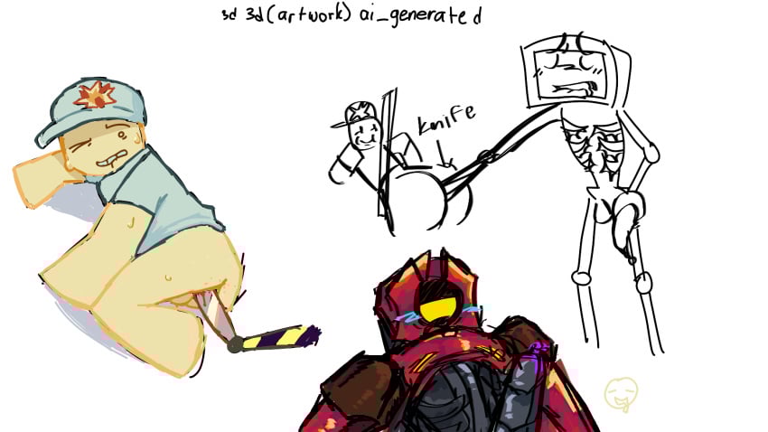 2d blocky_body blood bloxxer_(the_robloxia:_until_dawn) blush blush_lines bottomless colored_sketch half_naked joke_art knife knife_insertion multiple_artists no_pants pink_cum roblox roblox_game robloxian robot robot_penis satire sweat sweatdrop sweating the_robloxia:_until_dawn ultrakill uncomfortable v2_(ultrakill)