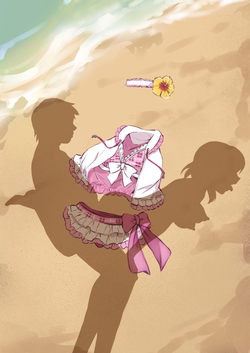 1boy absurdres beach bikini box_wonderland commentary dressed_shadow_(meme) female hair_ornament highres implied_nudity lifting_person love_live! love_live!_school_idol_project male medium_hair meme nishikino_maki ocean outdoors pov sand sex sex_from_behind shadow silhouette_sex standing standing_sex straight swimsuit unworn_bikini unworn_clothes unworn_hair_ornament