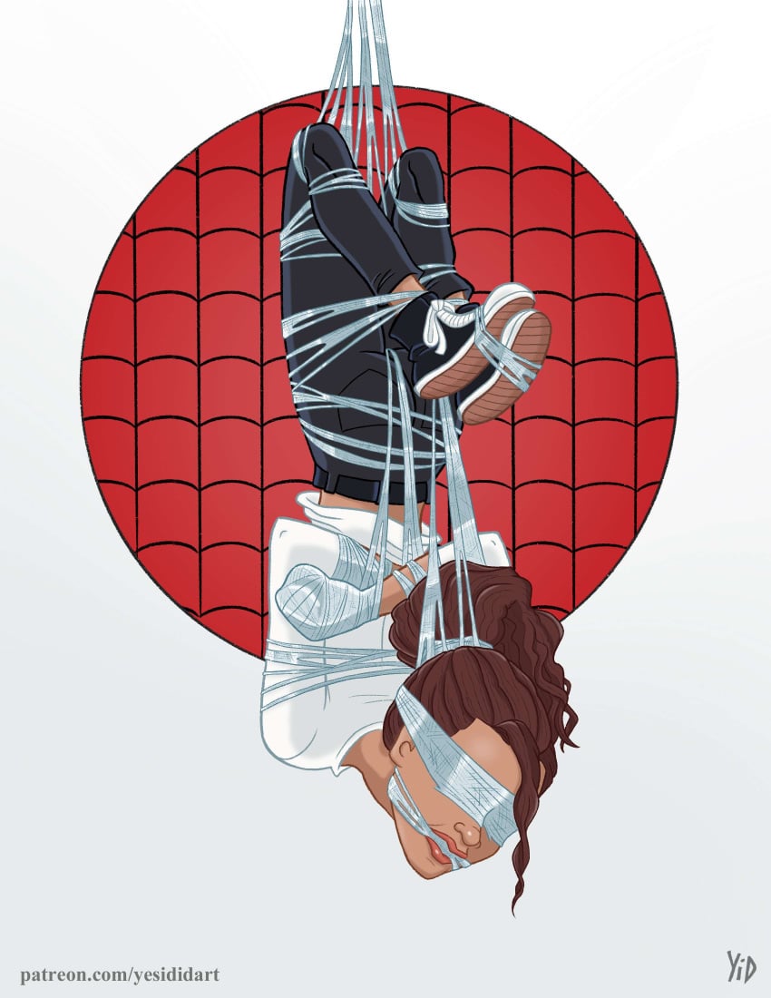 ass belt belt_buckle black_hair black_jeans blindfold bondage booty brown_eyes brown_hair crotch_rope dark_skin dark_skinned_female hogtie jeans looking_at_viewer marvel marvel_cinematic_universe michelle_jones midriff scrawny shoes spider-man_(series) thin thin_arms thin_female thin_thighs thin_waist tied_up web_blindfold web_gag webbed_arms webbed_feet webbed_hands webbed_victim webbing webs white_shirt yes_i_did zendaya