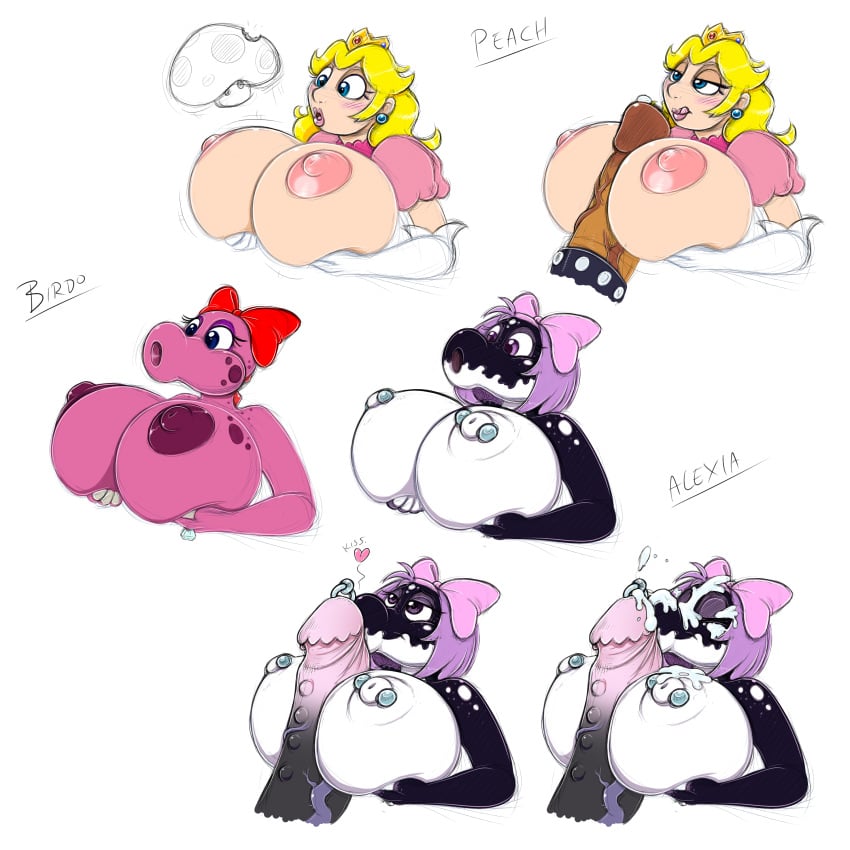 2018 2boys 3girls absurd_res alexia_(drxii) anthro big_breasts bimbo birdo bowser breasts cum cum_on_face disembodied_penis drxii duo elbow_gloves female female_focus gloves highres huge_breasts human interspecies male mammal mario_(series) multiple_boys multiple_girls multiple_versions mushroom nintendo nipple_piercing nipples outercourse paizuri penis piercing princess_peach scalie sex simple_background solo_focus straight super_mario_bros. video_games white_background