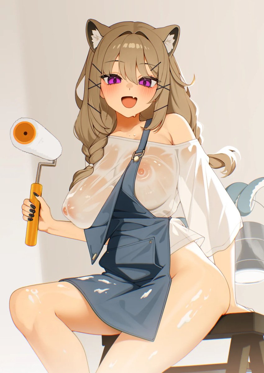 1girls 2025 animal_ears apron arknights big_breasts blonde_hair cat_ears catgirl ett hi_res kemonomimi light-skinned_female light_skin looking_at_viewer nipples nipples_visible_through_clothing no_bra no_panties nude pose purple_eyes simple_background smile solo utage_(arknights)