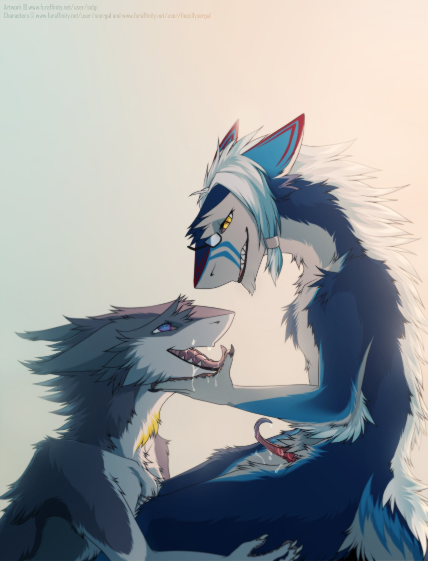 1boy 1girls anthro blue_fur body_fur claws clitoris eyewear facial_hair female glasses goatee grey_fur kel long_fur male male/female pussy rule_63 saliva sergal sidgi straight tail thorin thorin_(sergal) tongue tongue_out white_fur yellow_eyes