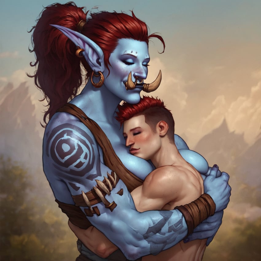 ai_generated big_female big_female_small_male blue_skin hug human human_male larger_female mountain nowrin red_hair size_difference small_male smaller_male stable_diffusion tribal troll troll_(warcraft) troll_female tusks warcraft world_of_warcraft