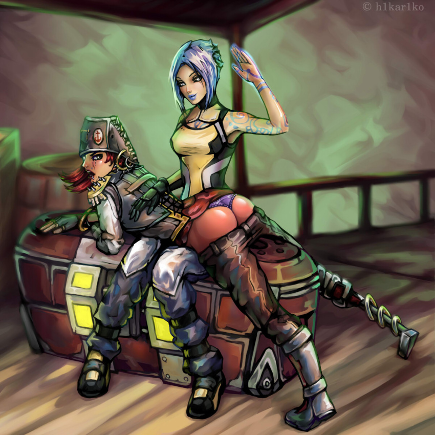 2girls apocalypse ass bare_ass blue_hair blush borderlands borderlands_2 captain_scarlett defeated_villainess exposed_ass femdom femsub gaming h1kar1ko hand_on_back left_handed looking_back maya_(borderlands) multiple_girls open_mouth over_the_knee_spanking pants_down pirate pirate_ship post_apocalyptic prosthetic_leg punishment purple_panties red_ass red_hair smirk spanking tattoos tears treasure_chest video_game_character video_games wasteland yuri