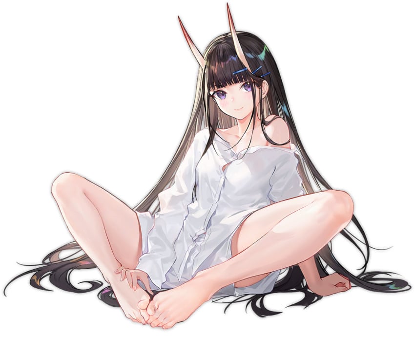 arm_support azur_lane bare_legs bare_shoulders barefoot big_toes_rise black_background black_hair blunt_bangs blush breasts cg closed_mouth collarbone dress_shirt feet female full_body hair_ornament hairclip hands_on_feet horns knees_apart_feet_together legs long_hair long_sleeves looking_at_viewer naked_shirt noshiro_(azur_lane) noshiro_(cozy_enclave)_(azur_lane) off_shoulder official_art purple_eyes shirt simple_background sitting smile solo spread_legs toenails toes transparent_background very_long_hair white_shirt x_hair_ornament