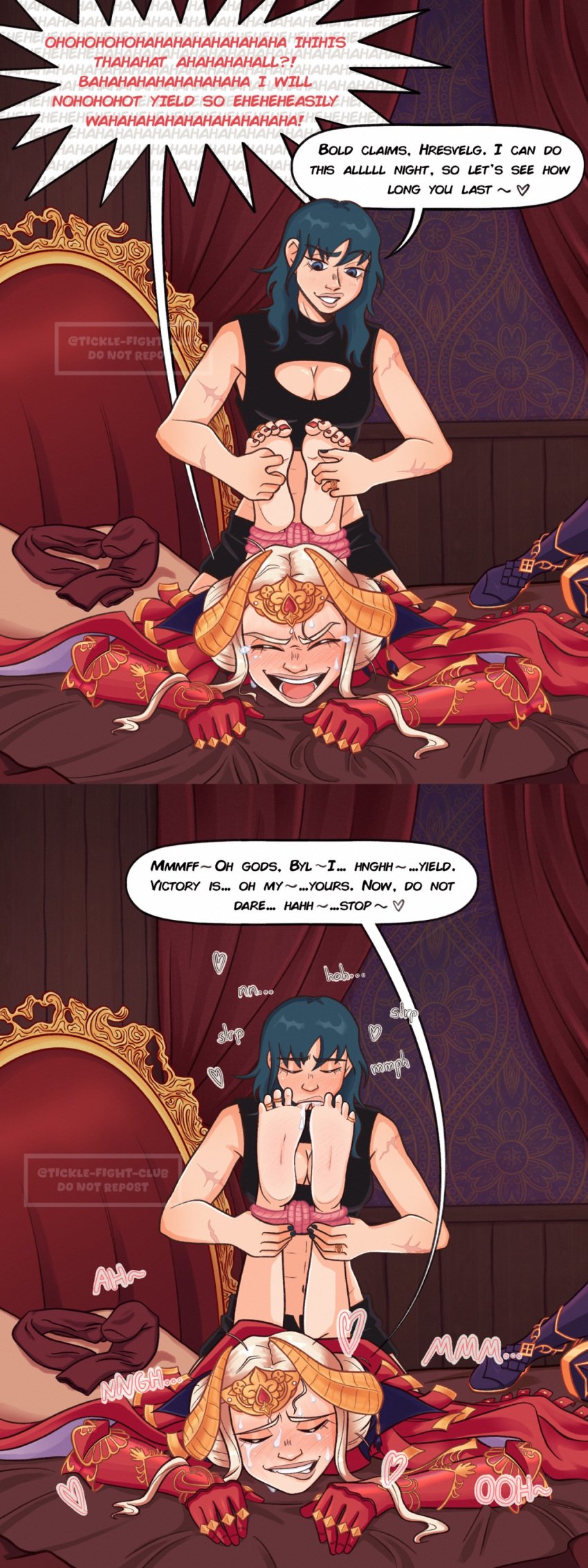 2girls absurdres armor armored_female artist_request artist_signature barefoot bed bed_sheet bedroom_eyes bitting_lip bondage boots_removed byleth_(fire_emblem) byleth_(fire_emblem)_(female) crying dialogue dialogue_bubble discarded_socks edelgard_von_hresvelg feet feet_together feet_up female fire_emblem fire_emblem:_three_houses foot_fetish foot_focus foot_lick foot_worship footwear_removed highres licking_toes loving_it red_toenail_polish scars_on_arm socks_removed soles soles_fetish sucking_toes sweating tickle_fetish tickle_fight tickle_torture ticklefightclub_(artist) tickling tickling_feet tied_feet tied_up toe_rings toes yuri