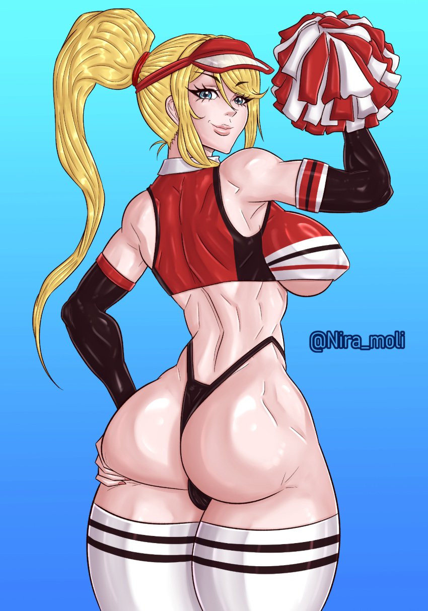 1girls ass ass_focus ass_up back back_view bikini blonde_hair booty cheeks cheerleader cheerleader_outfit cheerleader_uniform costume fanart female fit fit_female fitness girl legs metroid mommy muscle_girl muscle_slut muscles nintendo niramoli pose samus_aran skirt smiling smiling_at_viewer socks solo_female sport sports_uniform sportswear stretching strong_female thong uniform waifu yoga_pose