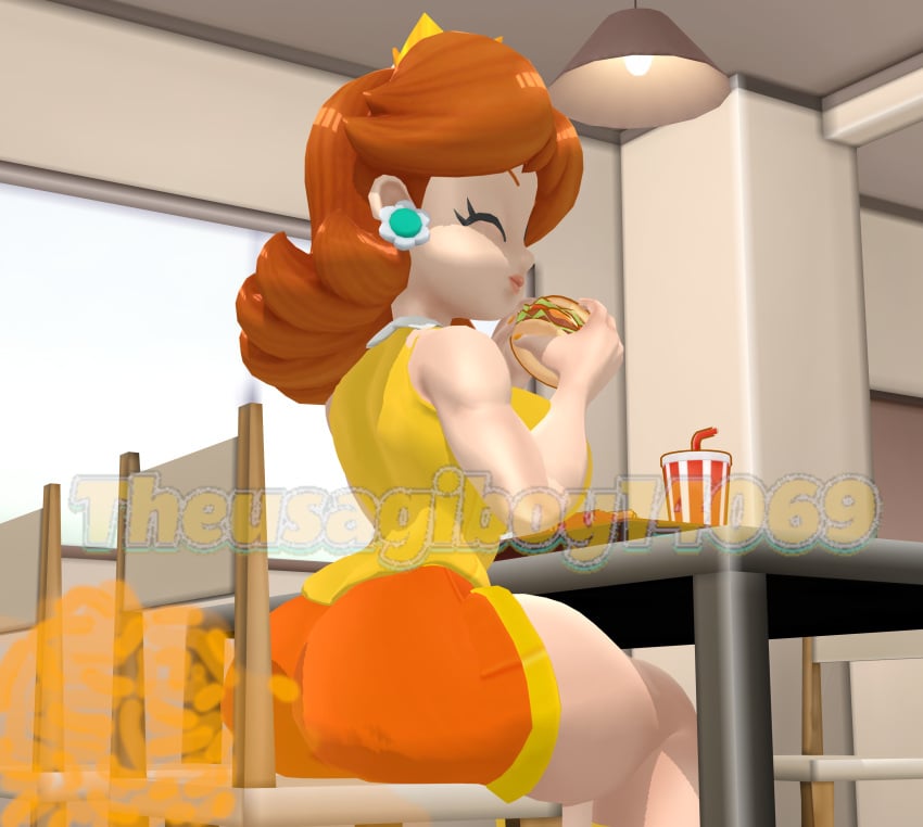 1girls 3d 3d_(artwork) ass big_ass blue_eyes brown_hair chair clothed crown fart fart_cloud fart_fetish farting female female_only food hamburger mario_(series) mikumikudance mmd nintendo princess_daisy shorts thick_ass