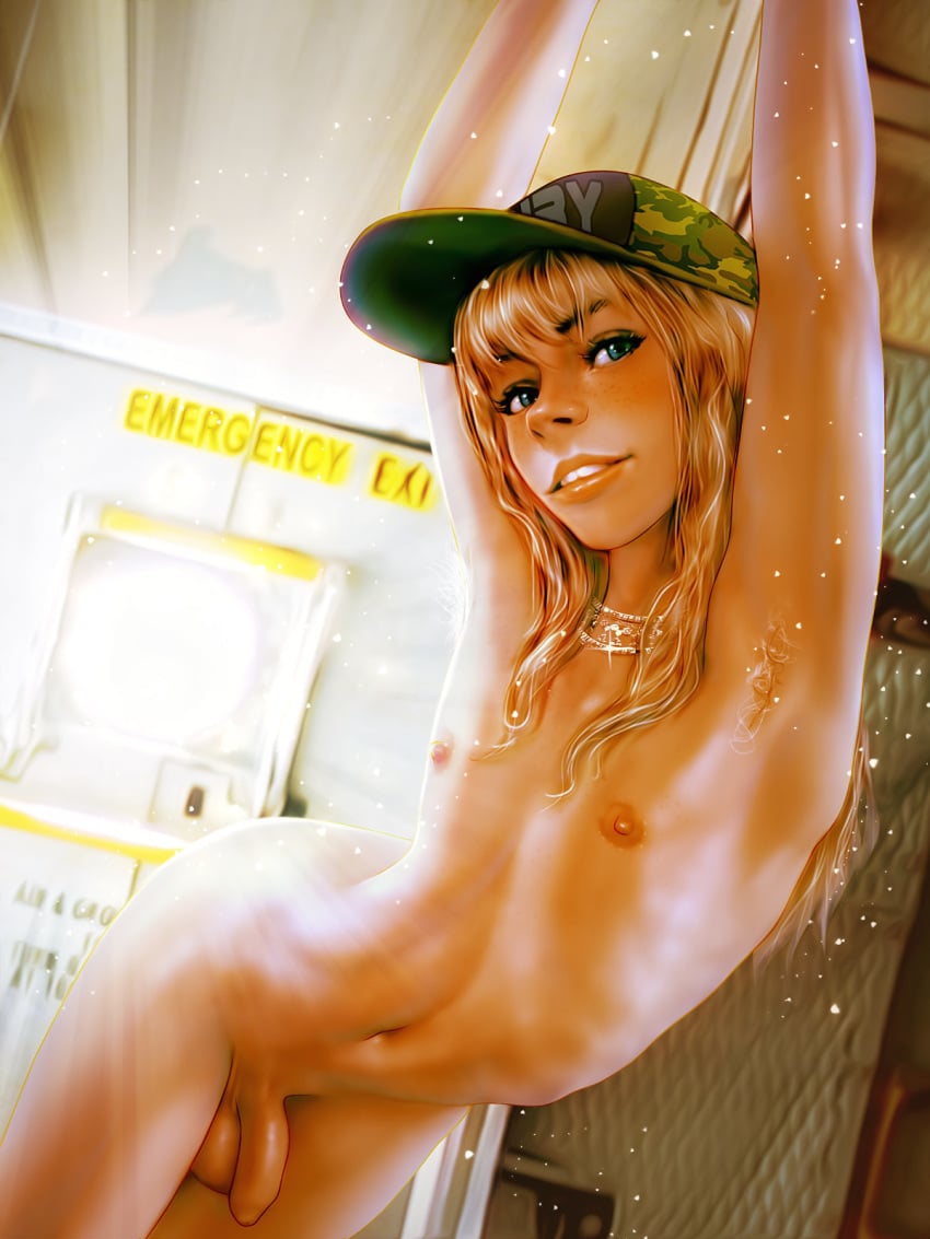 androgynous armpit_hair armpits balls basil_(yuni) blonde_hair blue_eyes camouflage_hat crossdressing cute_male femboy flaccid foreskin freckles girly jahi looking_at_viewer male necklace nipples penis realistic solo sparkles testicles trap uncut yuni