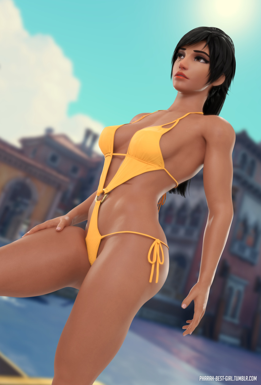 3d bikini black_eyes black_hair blender blizzard_entertainment dark-skinned_female dark_skin female high_resolution muscle muscular_female one-piece_swimsuit overwatch pharah pharah-best-girl ponytail rialto_(map) scar solo swimsuit tied_hair tumblr_username