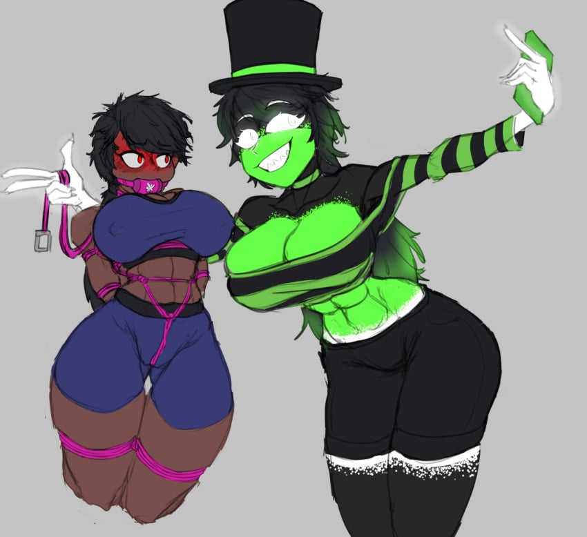 abs ball_gag blush bondage breasts choker dark-skinned_female dark_skin female female_focus female_only femdom gag gagged glowing_eyes green_skin hacknina hacknine large_breasts leash low_cut_top noodlensfw panicking pointy_teeth rope rope_bondage scared scared_expression self_upload selfie sharp_teeth six_pack smartphone smirk smirking strong_female submissive_female tanktop thafnina thafnine thick_thighs tophat workout_clothes