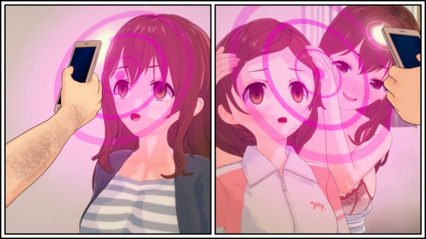 betrayal bra brown_hair cell_phone clothed empty_eyes expressionless hypnotic_app koikatsu! long_hair male male_pov maledom milf mother_and_daughter multiple_girls multiple_subs open_mouth original pov_dom resisting satsuki short_hair smile spiral_eyes