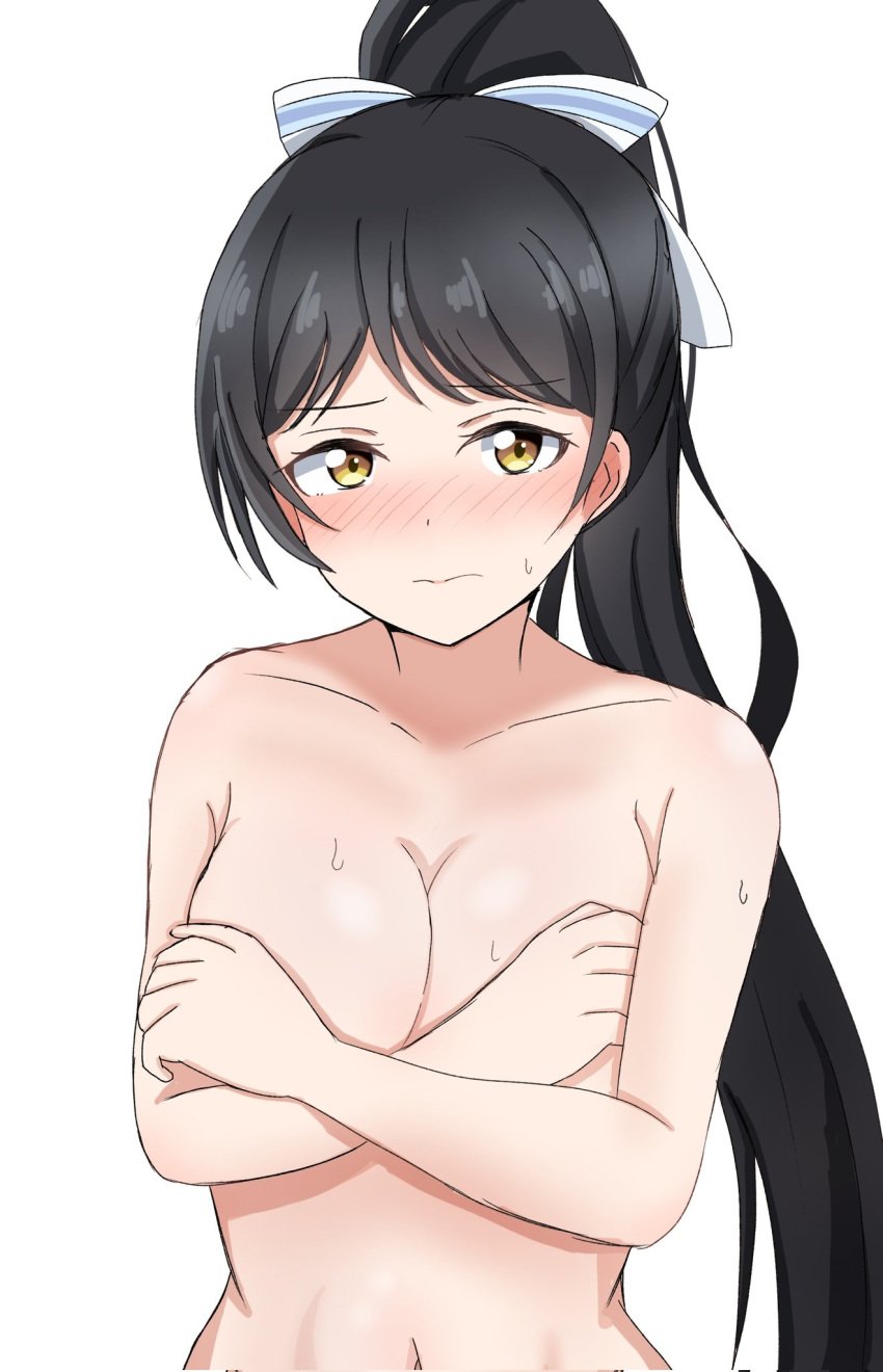 bare_arms bare_belly bare_shoulders belly_button big_breasts black_hair blush breasts cleavage closed_mouth collarbone completely_nude covering_breasts covering_privates embarrassed hair_ribbon hazuki_ren love_live! love_live!_superstar!! matcha_moti_(matcha_427) nude ponytail sweatdrop upper_body yellow_eyes