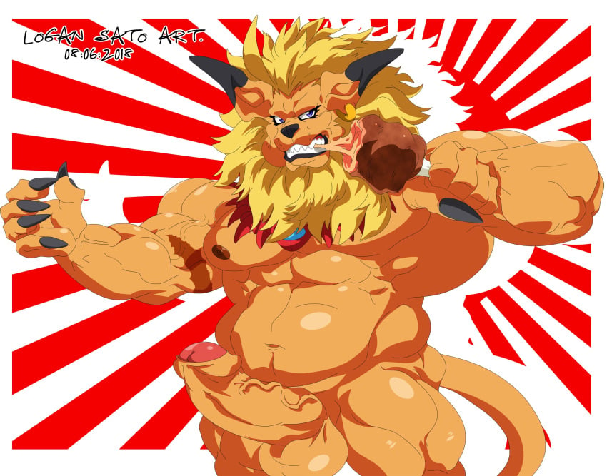 2018 balls blue_eyes claws digimon eating erection leomon logan_sato male male_only mane meat muscular navel nipples penis solo teeth uncensored vein veiny_penis