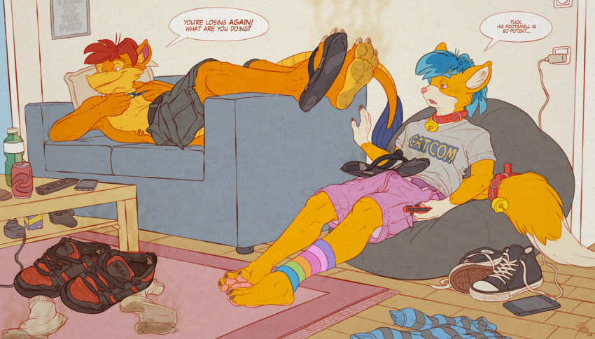 anthro barefoot bulge dirty_feet dirty_socks dragon duo feet feline hi_res male male_only mammal musk niki sandal smelly thaz_(artist) thaz_(character)