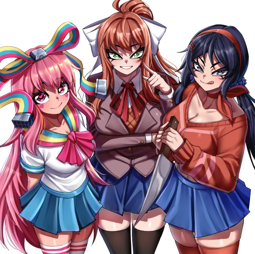2d 2d_(artwork) 3girls blue_hair breasts brown_hair cleavage clothed clothing doki_doki_literature_club female giffany gravity_falls miside mita_(miside) monika_(doki_doki_literature_club) pink_hair school_uniform schoolgirl trait_connection tv tv_screen white_background yandere yandere_eyes