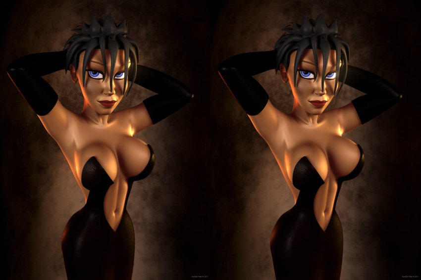 1girls 3d arcadonna artist_name bare_shoulders big_breasts black_dress black_gloves black_hair blue_eyes busty cleavage curvy detailed_background elbow_gloves eyelashes female female_only front_view gloves hourglass_figure human kondaspeter lipstick looking_at_viewer makeup pose posing red_lipstick shiny shiny_skin short_hair solo standing voluptuous wide_hips