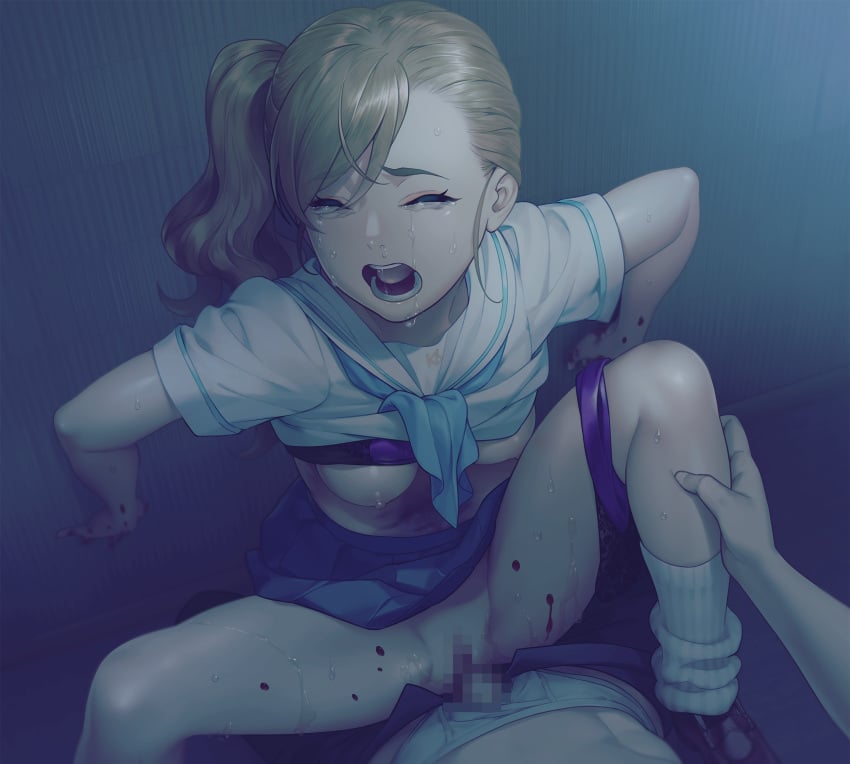 against_wall blonde_hair blood bra bra_lift breasts bruise censored closed_eyes clothed_sex crying dress female game_cg hamashima_shigeo highres injury kuki_kiara loafers medium_breasts medium_hair minikui_mojika_no_ko night nipples nitroplus open_mouth panties panty_pull penis pussy rape sailor_dress saliva school_uniform shirt_lift shoes side_ponytail skirt skirt_lift snot socks sweat tears underwear vaginal_penetration