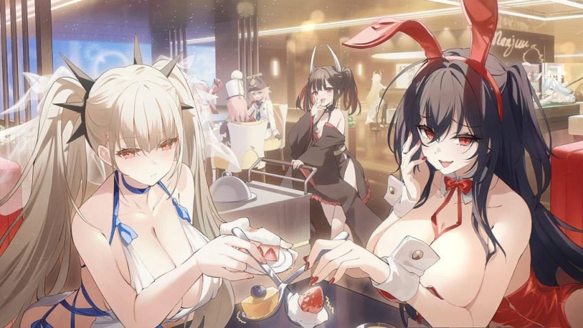 5girls 6+girls ahoge alternate_costume animal_ears azur_lane bare_shoulders black_hair blonde_hair bow bowtie breasts brown_hair cake cg choker cleavage collarbone detached_collar detached_sleeves dress fake_animal_ears food fork formidable_(azur_lane) fox_ears fruit hair_between_eyes hair_ornament holding holding_fork horns huge_breasts indoors japanese_clothes large_breasts leotard long_hair looking_at_viewer multiple_girls nail_polish official_alternate_costume official_art open_mouth pink_hair playboy_bunny rabbit_ears red_bow red_eyes red_leotard red_nails smile strapless strapless_leotard table taihou_(azur_lane) taihou_(fun_on_the_baize)_(azur_lane) twintails very_long_hair white_dress white_leotard wrist_cuffs